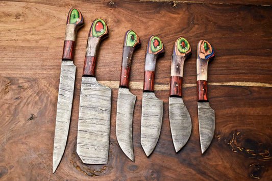 6-Piece Custom Handmade Hammered Damascus Steel Chef Knife Set – Professional Kitchen Knives