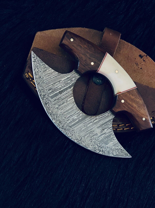 6.5" Custom Handmade Twist Damascus Ulu Bowie Knife – Camel Bone & Wood Handle