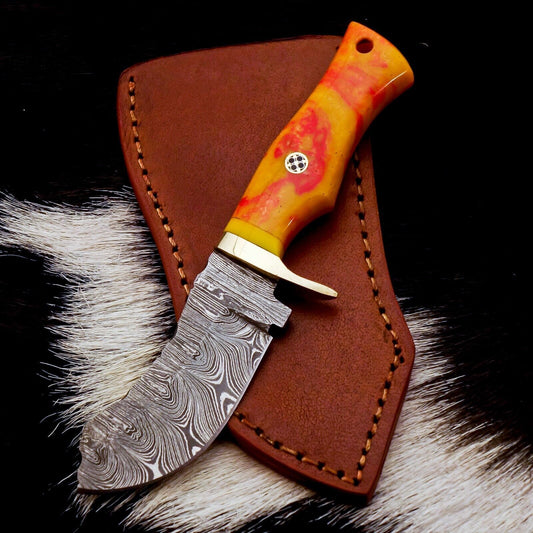 6.5 Inch Twist Damascus Hidden Tang Skinner Knife with Leather Sheath