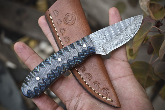 6.5" Ladder Damascus Skinner Knife with Hardwood Handle – Handmade Hunting Collectible