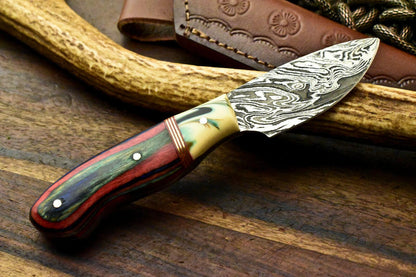 6.5" Premium Damascus Steel Knife Damascus Bowie Knife With Hardwood & Resin Handle 