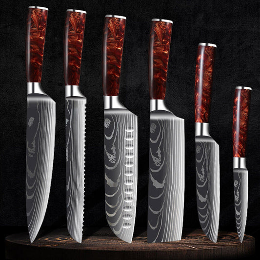 6PC Japanese Laser Damascus Pattern Kitchen Chef Knife Set with Scabbards