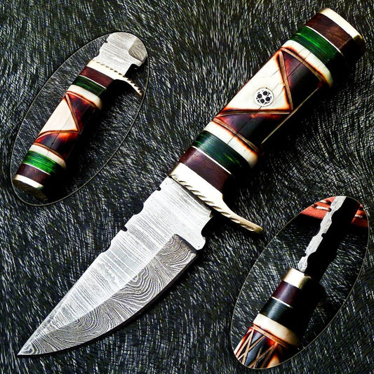 6" Compact Damascus Bowie Knife – Engraved Camel Bone & Hardwood Handle