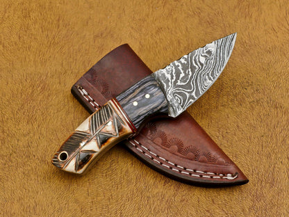 6" Custom Damascus Bowie EDC Knife – Burn Engraved Camel Bone & Wood Handle