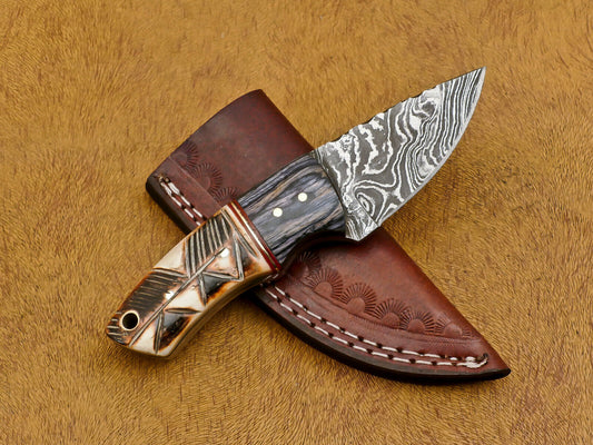 6" Custom Damascus Bowie EDC Knife – Burn Engraved Camel Bone & Wood Handle