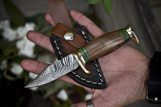 6" Custom Forged Damascus Skinner Knife with Twist Pattern and Walnut Wood Handle for Outdoor Hunting Use
