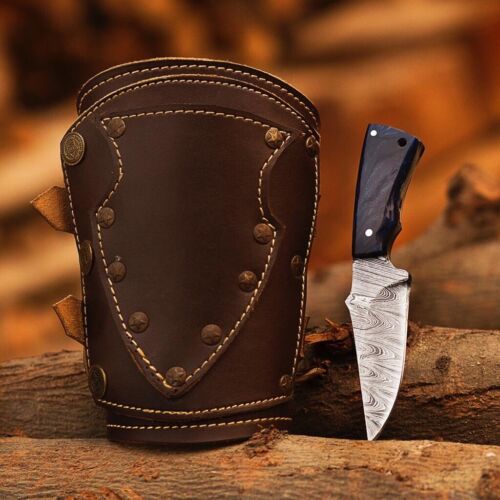 6" Damascus Bowie Knife – Claw Guard Wrist Cuff & Mosaic Pin