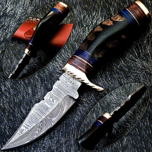 6" Damascus Hunting Knife – Ram Horn Handle with Leather Sheath