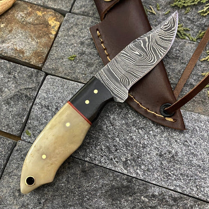 6" Damascus Steel Mini Neck Knife – Handmade Bone & Horn Handle with Sheath