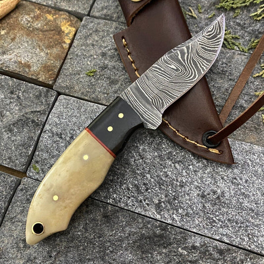 6" Damascus Steel Mini Neck Knife – Handmade Bone & Horn Handle with Sheath