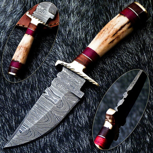  6" Hand-Forged Damascus Steel Bowie Hunting Knife – Stag Horn Handle & Leather Sheath