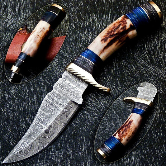 6" Hand Forged Damascus Bowie Hunting Knife – Stag Horn & Hardwood Handle with Leather Sheath