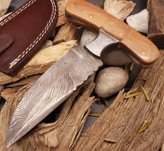  6" Hand Forged Damascus Steel EDC Bowie Hunting Knife | Olive Wood Handle