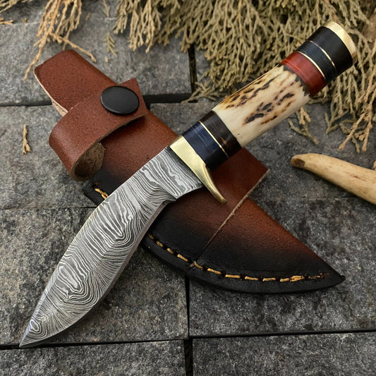  6" Handmade Damascus Kukri Bowie Knife with Sheath | Compact Bushcraft Tool