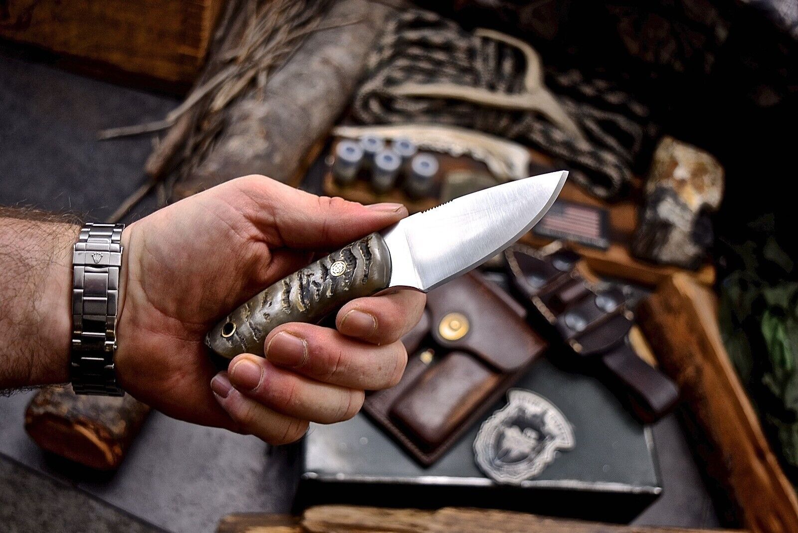6" Small Skinner Knife – Stainless Steel Blade with Sheep Horn Handle & Leather Sheath