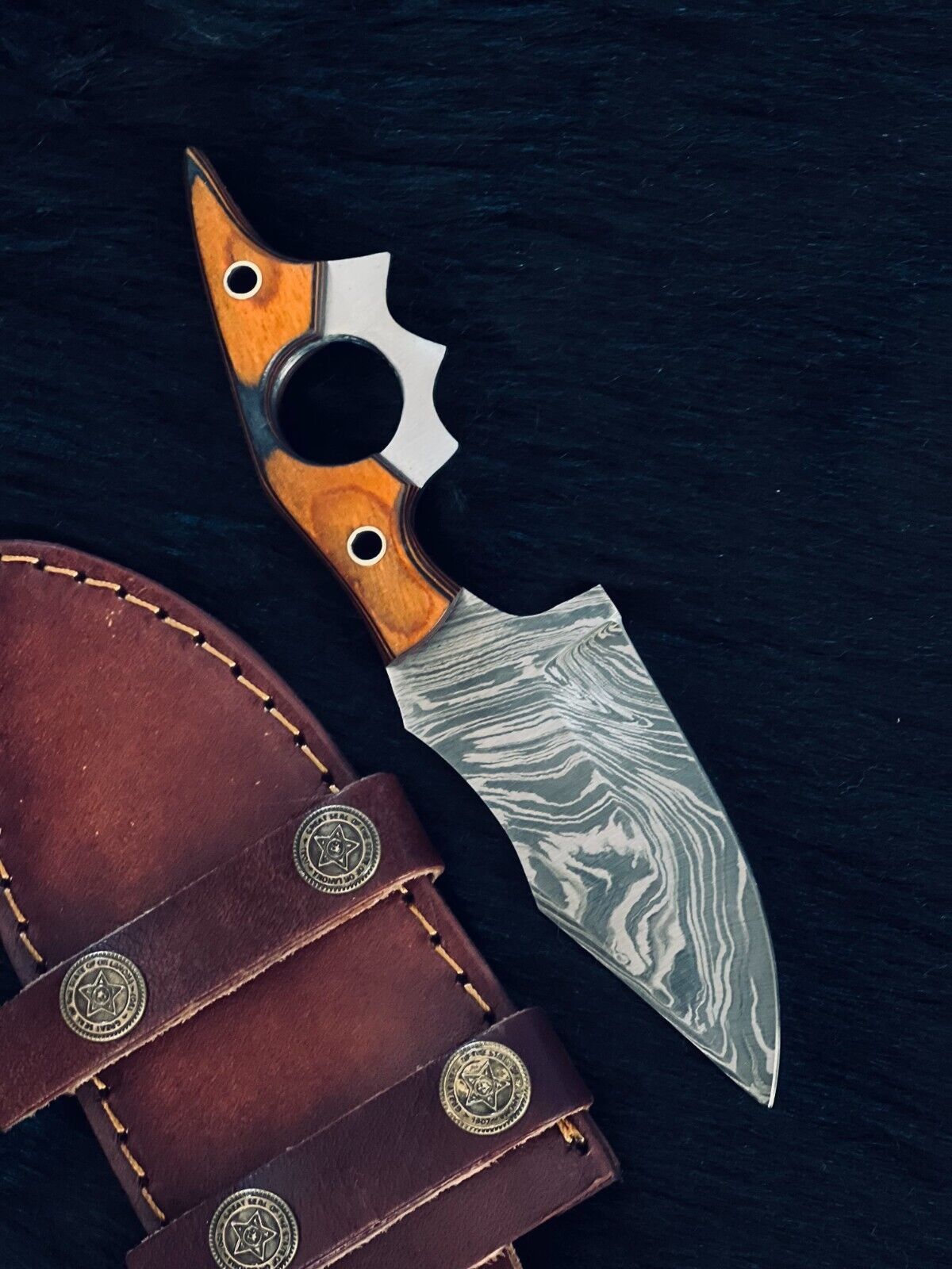 7.05" Custom Handmade Twist Damascus Bowie Hunting Knife – Camel Bone & Wood Handle