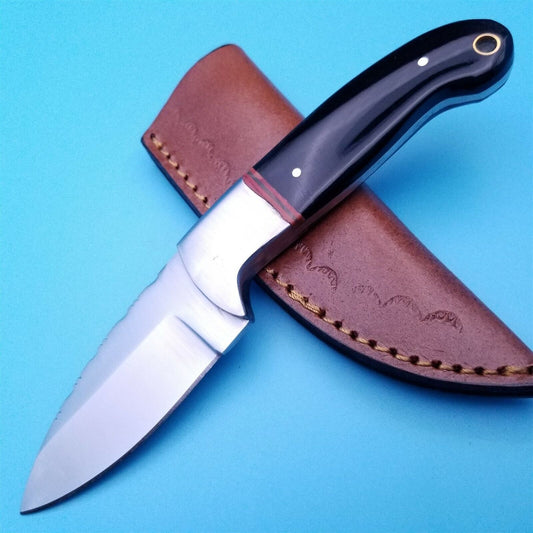 7.25" Skinner Knife – Full Tang Stainless Steel Fixed Blade with Horn Handle & Leather Sheath
