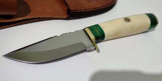 7.375" Hunting Bowie Knife 440 Stainless Steel Drop Point Blade White Bone Handle with Leather Sheath