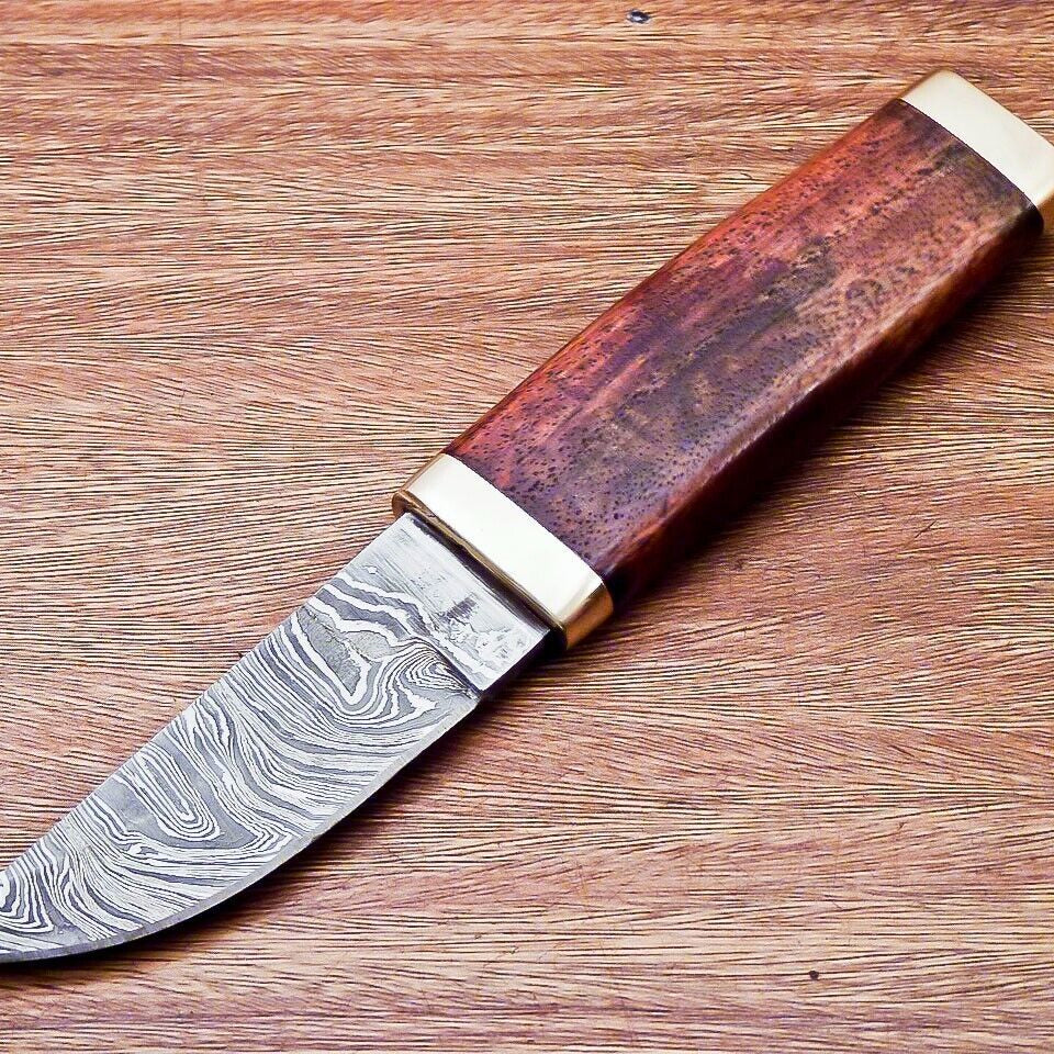 7.5” Compact Damascus Bowie Knife | Natural Wood Handle
