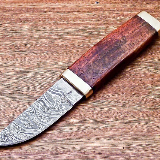 7.5” Compact Damascus Bowie Knife | Natural Wood Handle