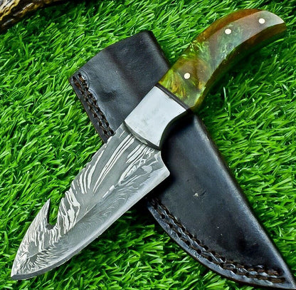 7.5" Custom Handmade Damascus Steel Bowie Knife – Resin Handle & Leather Sheath