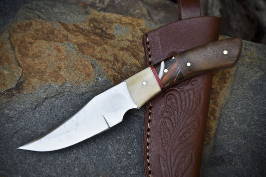 7.5" Handmade Skinner Knife AUS-8 Steel Walnut Wood Handle with Leather Sheath Survival