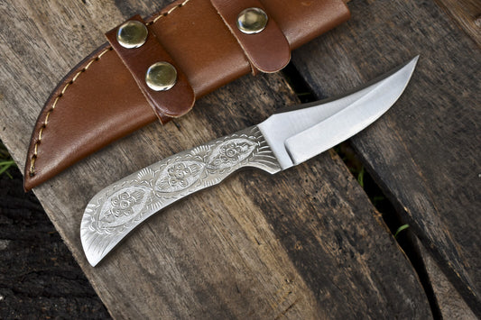 7.5" Handmade Skinner Knife | Engraved ATS-34 Steel Blade | D2 Tool Steel Handle