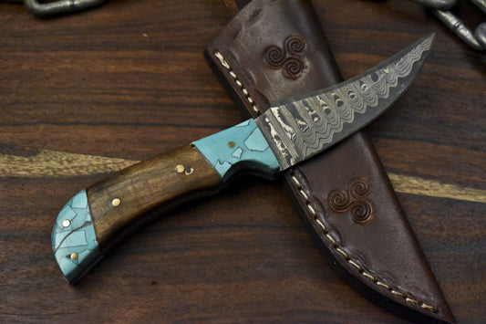 7.5" Ladder Damascus Skinner Knife Walnut Wood Custom Handmade Hunting Blade