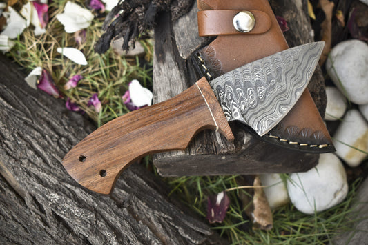 7.5" Ladder Damascus Skinner Knife Walnut Wood Handle Wooden Guard w/Sheath