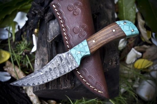 7.5" Ladder Damascus Skinner Knife with Walnut Wood Handle | Handmade Camping Blade