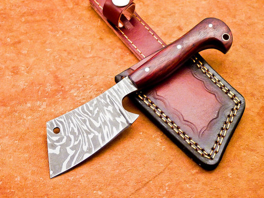 7.5" Professional Handmade Damascus Steel Chef Cleaver – Wood Handle with Leather Sheath