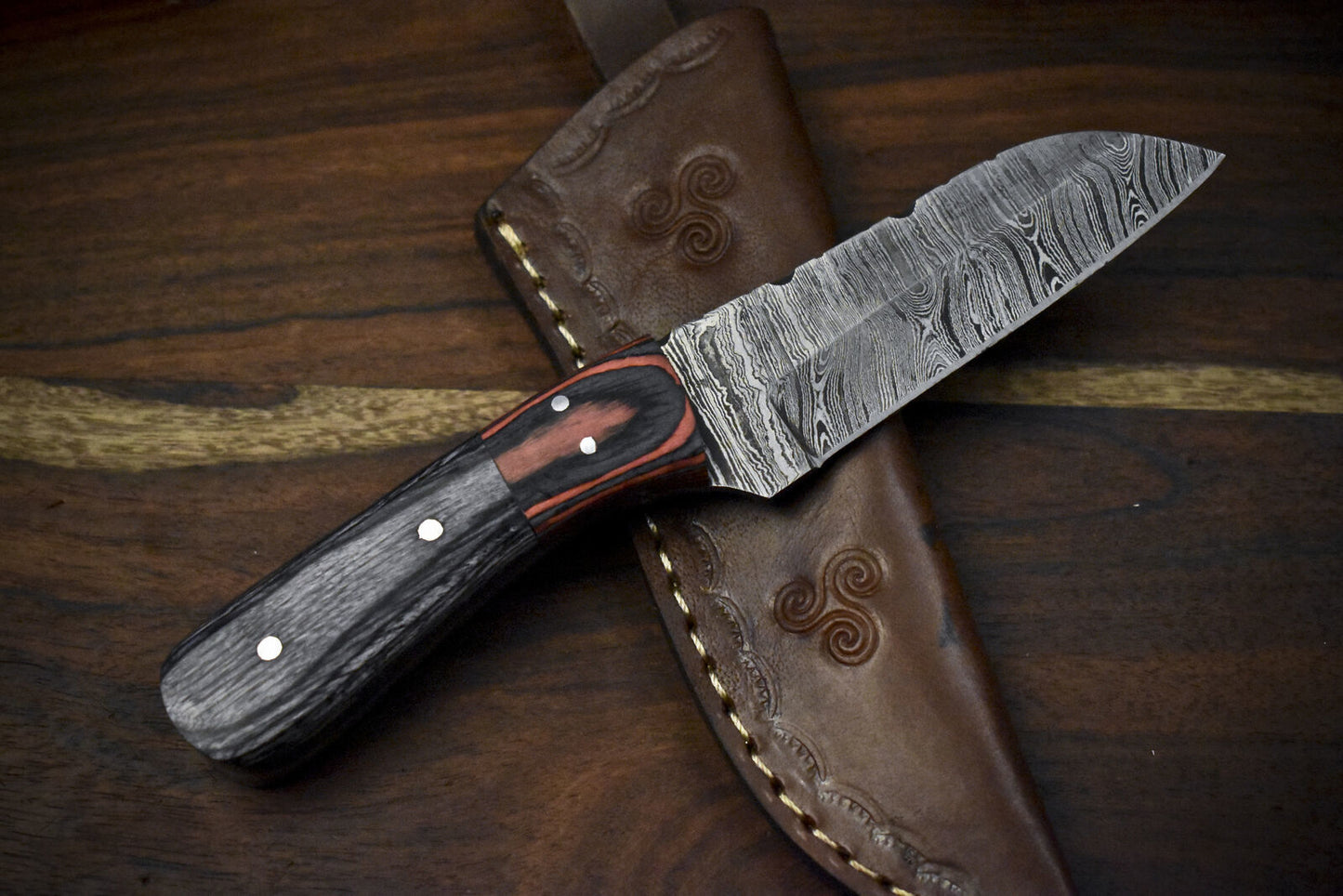 7.5" Twist Damascus Skinner Knife Hardwood Handle Wooden Bolster Custom Gift