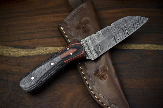 7.5" Twist Damascus Skinner Knife Hardwood Handle Wooden Bolster Custom Gift