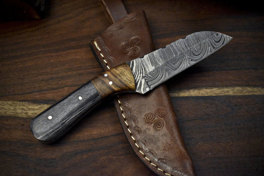 7.5" Twist Damascus Skinner Knife Hardwood Handle Wooden Bolster Custom Hunting Knife
