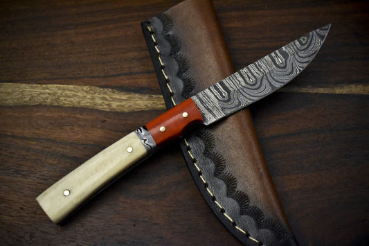 7.5" Twist Damascus Skinner Knife with Bone Handle Micarta Bolster Camping Blade