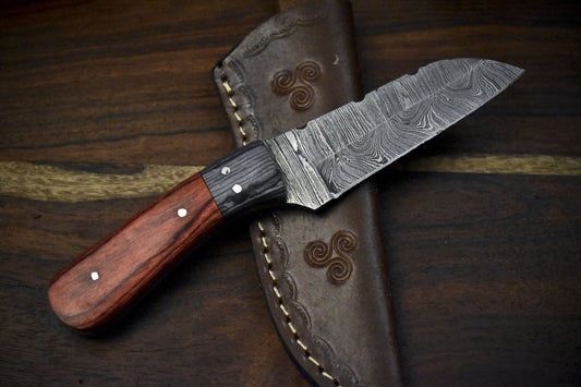 7.5" Twist Damascus Skinner Knife with Hardwood Handle for Hunting & Survival