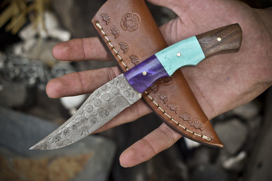7.75" Handmade Twist Damascus Skinner Knife EDC with Mixed Handle & Micarta Bolster