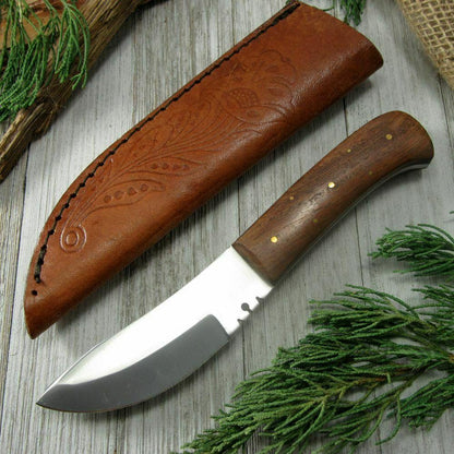7.75" Upswept Blade Skinner Knife – Full Tang Stainless Steel with Wood Handle & Leather Sheath
