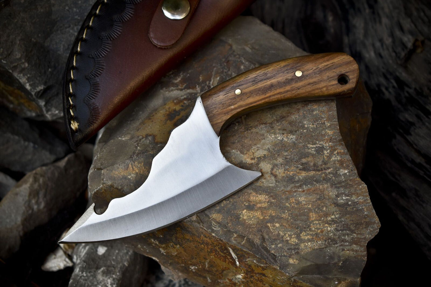 7" Custom AUS-8 Steel Skinner Knife – Walnut Wood Handle, Leather Sheath, Rare Outdoor Gift