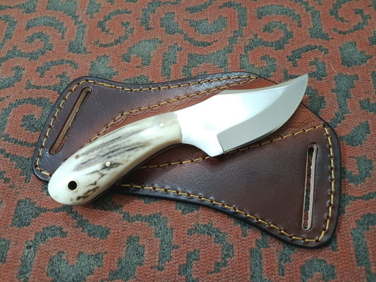 7″ Custom Cowboy Skinner Knife – Stainless Steel Blade, Stag Handle & Leather Sheath