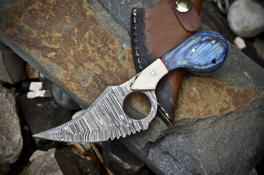 7" Custom Twist Damascus Skinner Knife with Hard Wood Handle – Handmade EDC Knife for Veterans Gift