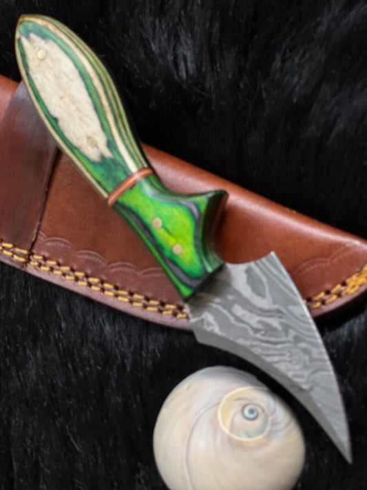 7" Custom Twist Damascus Steel Mini Bowie Knife – Camel Bone & Wood Handle