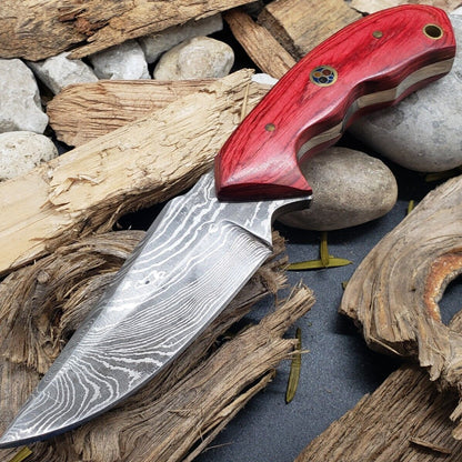 7" Damascus Bowie Knife – Twisted Pattern, Dollar Wood Handle