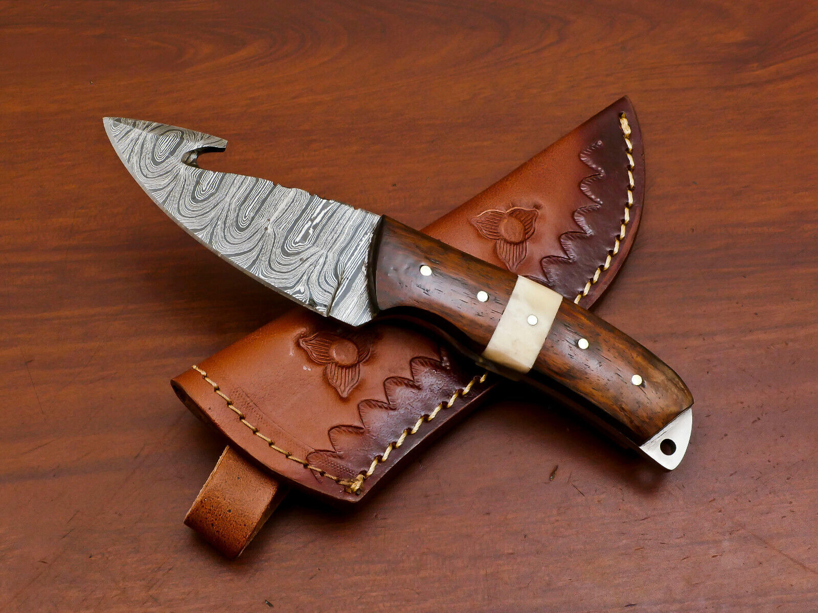 7" Damascus Gut Hook Bowie Knife – Camel Bone & Rosewood Handle