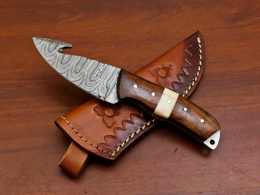 7" Damascus Gut Hook Bowie Knife – Camel Bone & Rosewood Handle