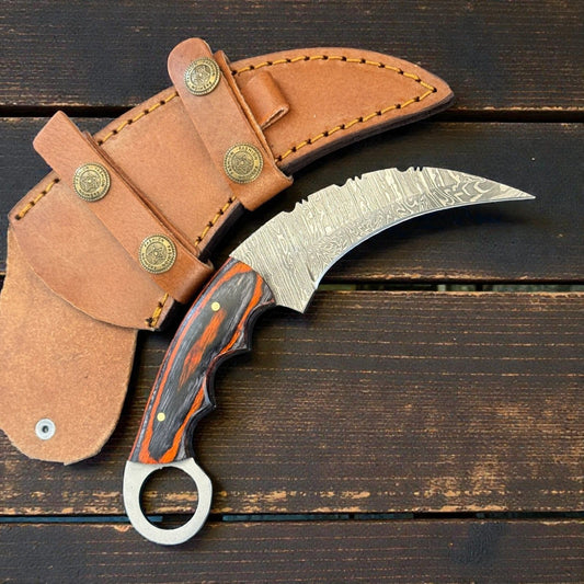 7" Damascus Karambit Damascus Steel Karambit Drop Point Hunting Knife With Pakkawood Handle