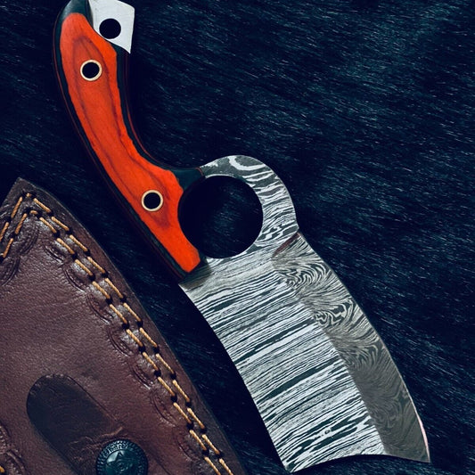 7" Fire Damascus Cleaver Bowie Knife – Wood Handle