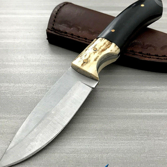 7" Full Tang Hunting Skinner Knife Stainless Steel Blade Buffalo Horn & Stag Handle with Leather Sheath