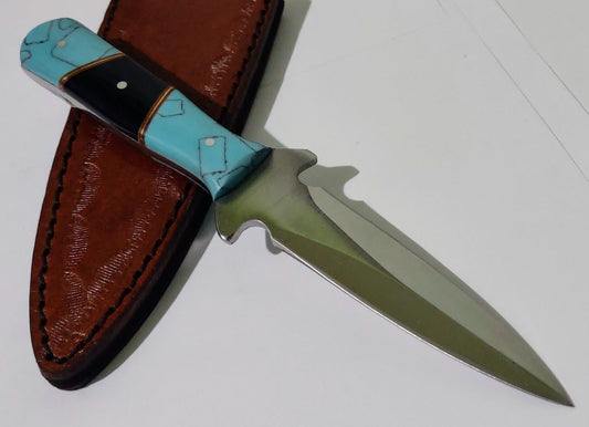7" Full Tang Skinner Dagger Hunting Bowie Knife 440 Stainless Steel Blue Turquoise Handle with Leather Sheath