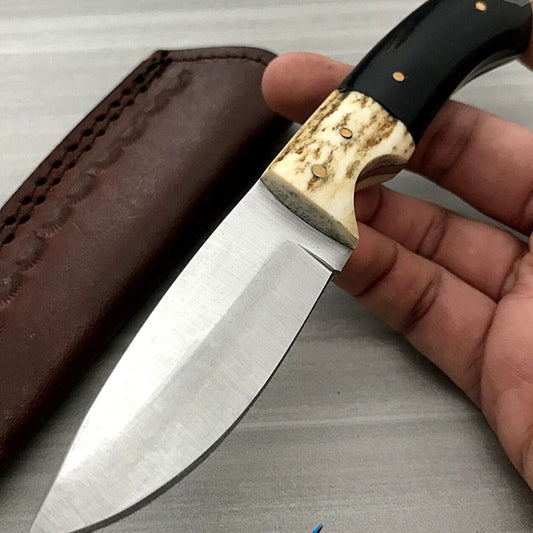 7" Full Tang Skinner Knife | Buffalo Horn & Stag Handle with Leather Sheath | Heritage Forge Hunting Knife